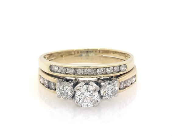 Previously Owned Round-Cut Diamond Three-Stone Bridal Set 1 ct tw 14K Two-Tone & 10K Yellow Gold Size 7.25