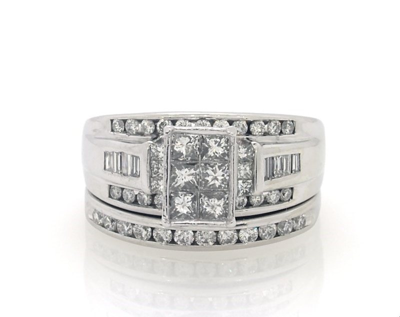 Main Image 1 of Previously Owned Princess-Cut Multi-Diamond Bridal Set 1-1/5 ct tw 14K White Gold Size 7.5