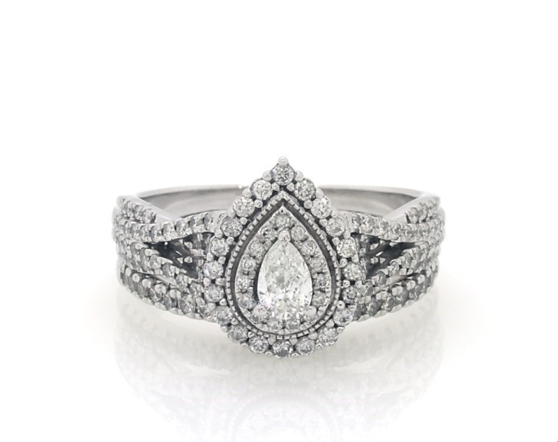 Main Image 1 of Previously Owned Pear-Shaped Diamond Double Halo Bridal Set 1-1/5 ct tw 14K White Gold Size 9.75