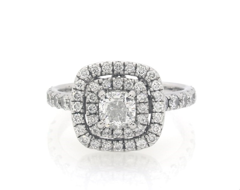 Main Image 1 of Previously Owned Neil Lane Cushion-Cut Diamond Double Halo Engagement Ring 1-1/8 ct tw 14K White Gold Size 5