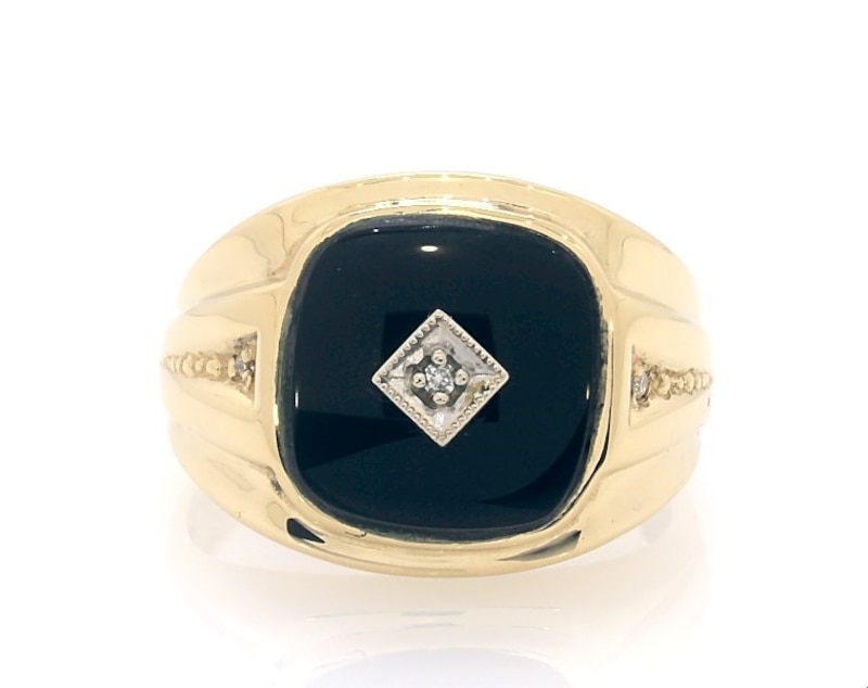 Previously Owned Men's Cushion-Cut Black Onyx & Diamond Accent Signet Ring 14K Yellow Gold