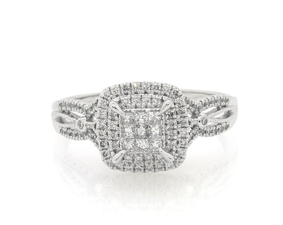 Previously Owned Princess-Cut Multi-Diamond Double Halo Engagement Ring 5/8 ct tw 10K White Gold