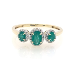 Previously Owned Three-Stone Emerald & Diamond Ring 1/8 ct tw Oval, Round-Cut 10K Yellow Gold