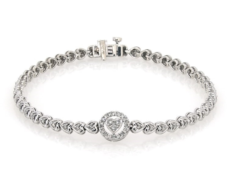 Main Image 1 of Previously Owned Round-Cut Diamond Heart Link Bracelet 1/2 ct tw Sterling Silver 7.25”