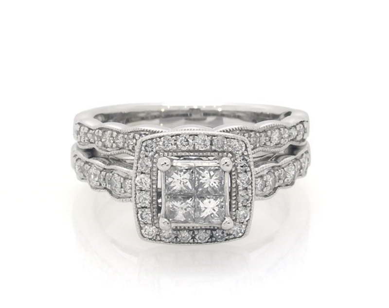 Main Image 1 of Previously Owned Princess-Cut Quad Diamond Bridal Set 3/4 ct tw 14K White Gold Size 5