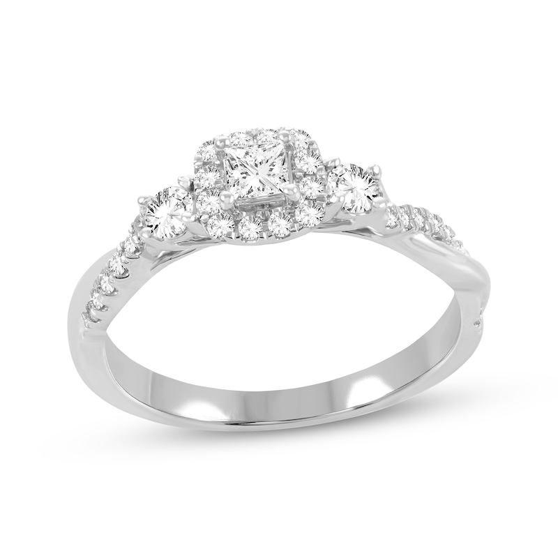 Main Image 1 of Previously Owned Three-Stone Princess & Round-Cut Diamond Engagement Ring 1/2 ct tw 14K White Gold