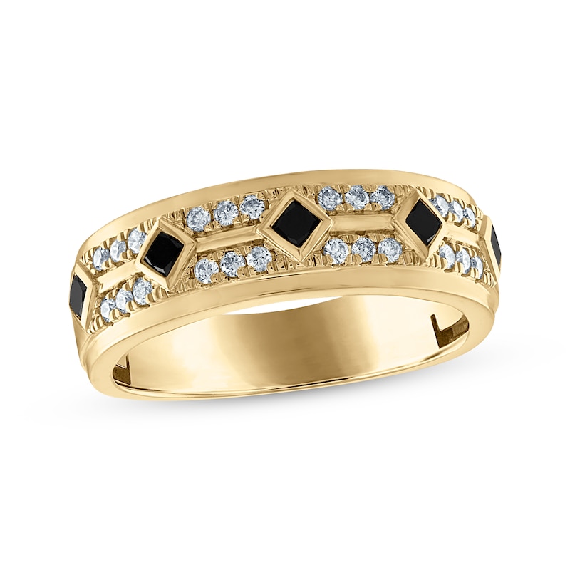 Main Image 1 of Previously Owned Men’s Square Cut Black & Round-Cut White Diamond Wedding Band 5/8 ct tw 10K Yellow Gold