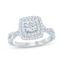 Previously Owned Round-Cut Diamond Double Cushion Frame Engagement Ring 1/2 ct tw 10K White Gold