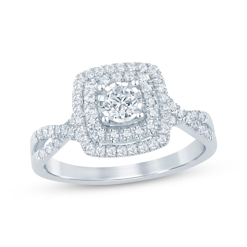 Main Image 1 of Previously Owned Round-Cut Diamond Double Cushion Frame Engagement Ring 1/2 ct tw 10K White Gold