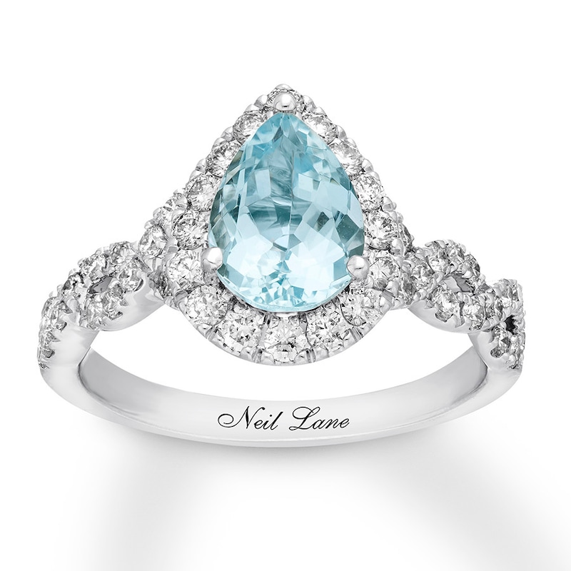 Main Image 1 of Previously Owned Neil Lane Aquamarine Engagement Ring 3/4 cttw Pear & Round-cut 14K White Gold Size 8