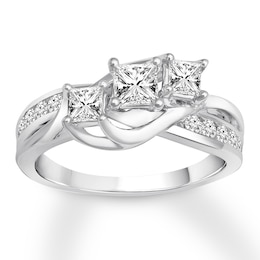 Previously Owned Three-Stone Diamond Engagement Ring 1 ct tw Princess & Round-Cut 10K White Gold