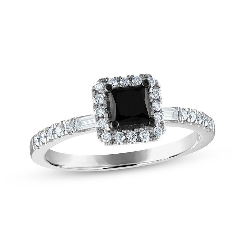 Main Image 1 of Previously Owned Princess-Cut Black Diamond & White Diamond Halo Engagement Ring 1 ct tw 14K White Gold