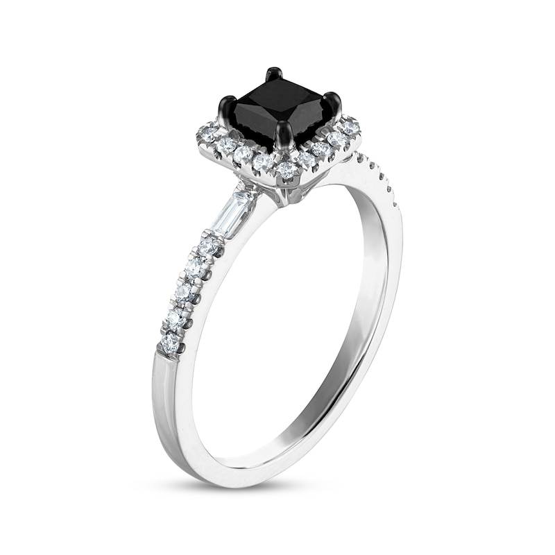 Main Image 2 of Previously Owned Princess-Cut Black Diamond & White Diamond Halo Engagement Ring 1 ct tw 14K White Gold