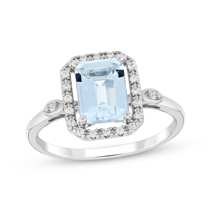 Main Image 1 of Previously Owned Emerald-Cut Aquamarine & Diamond Ring 1/10 ct tw 10K White Gold