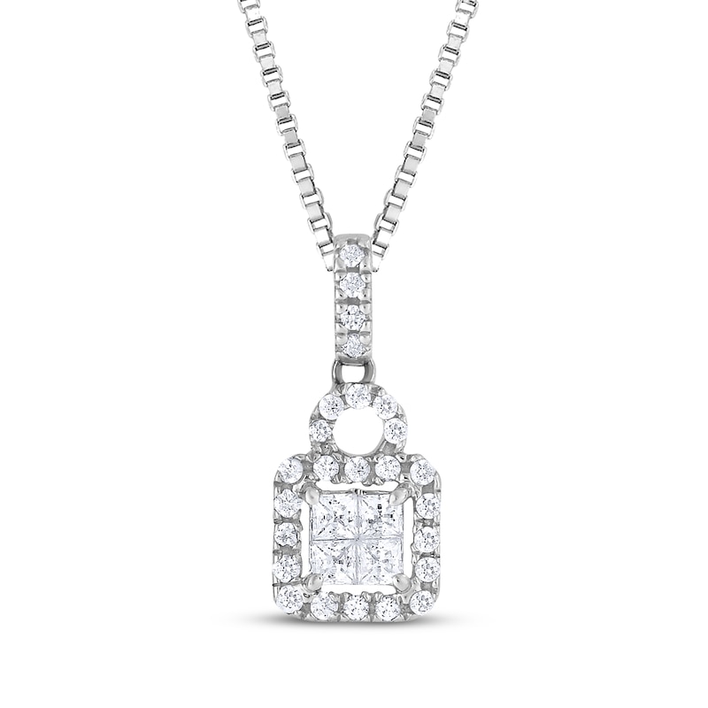 Main Image 1 of Princess-Cut Quad Diamond Cushion Frame Necklace 1/4 ct tw 14K White Gold 18&quot;