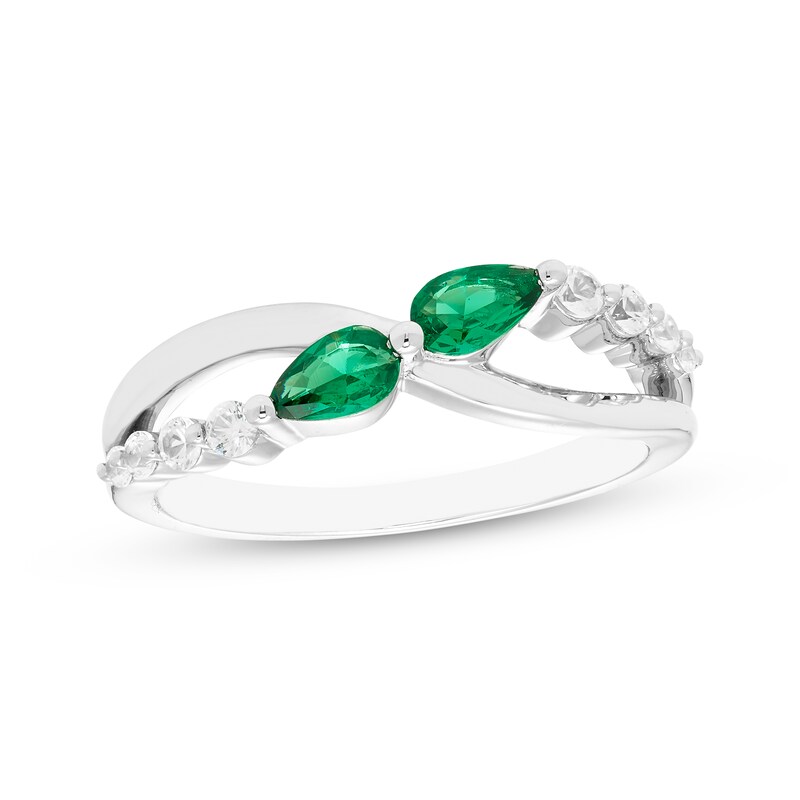 Main Image 1 of Our Story Together Pear-Shaped Lab-Created Emerald & White Lab-Created Sapphire Ring 10K White Gold