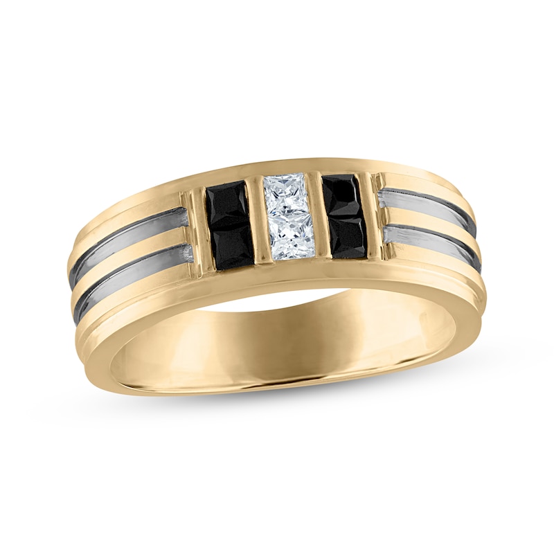 Main Image 1 of Previously Owned Men's Square-Cut Black & White Diamond Wedding Band 5/8 ct tw 10K Yellow Gold