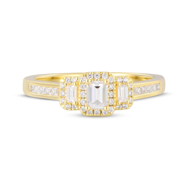 Main Image 4 of Previously Owned Emerald-Cut Diamond Three-Stone Engagement Ring 1/2 ct tw 14K Yellow Gold