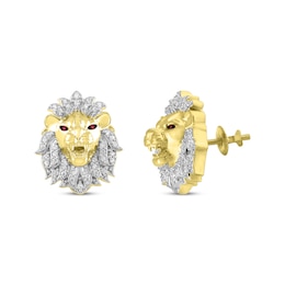 Previously Owned Men's Diamond & Lab-Created Ruby Lion Head Stud Earrings 1/4 ct tw 10K Yellow Gold