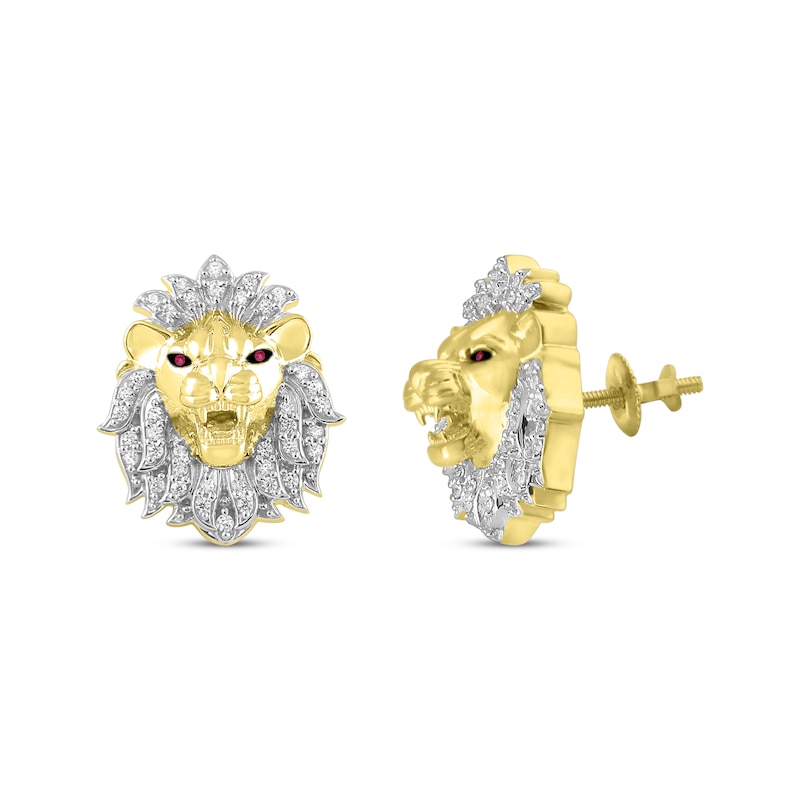 Main Image 1 of Previously Owned Men's Diamond & Lab-Created Ruby Lion Head Stud Earrings 1/4 ct tw 10K Yellow Gold