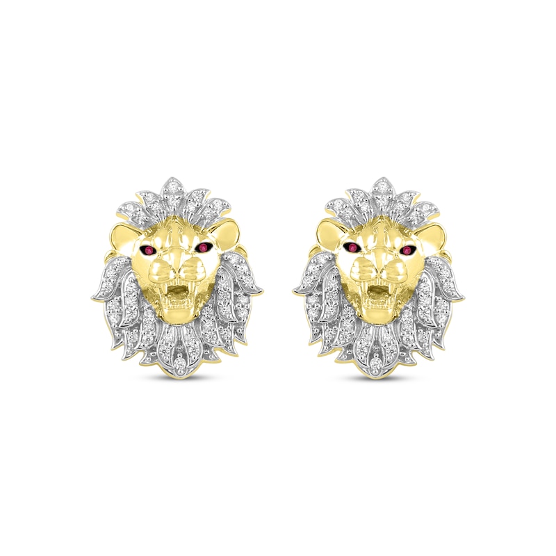 Main Image 2 of Previously Owned Men's Diamond & Lab-Created Ruby Lion Head Stud Earrings 1/4 ct tw 10K Yellow Gold