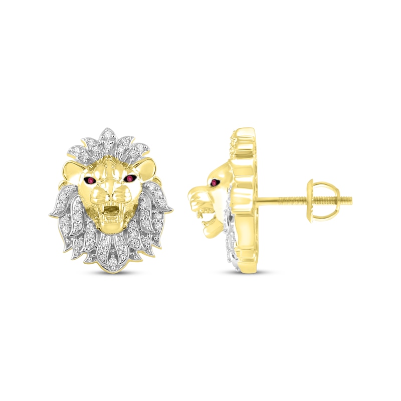 Main Image 3 of Previously Owned Men's Diamond & Lab-Created Ruby Lion Head Stud Earrings 1/4 ct tw 10K Yellow Gold