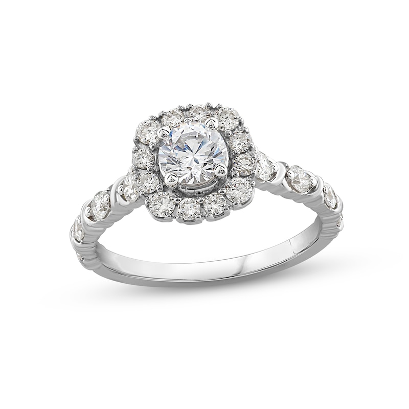 Main Image 1 of Previously Owned Diamond Halo Engagement Ring 1 ct tw Round-cut 14K White Gold