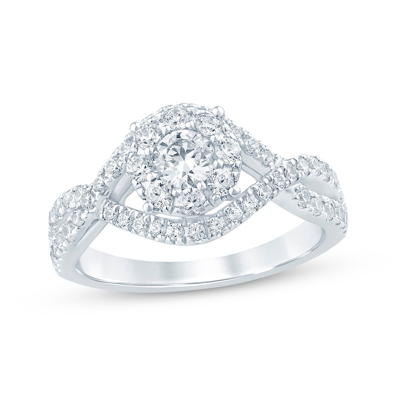 Main Image 1 of Previously Owned Diamond Twist Halo Engagement Ring 1 ct tw Round-cut 14K White Gold