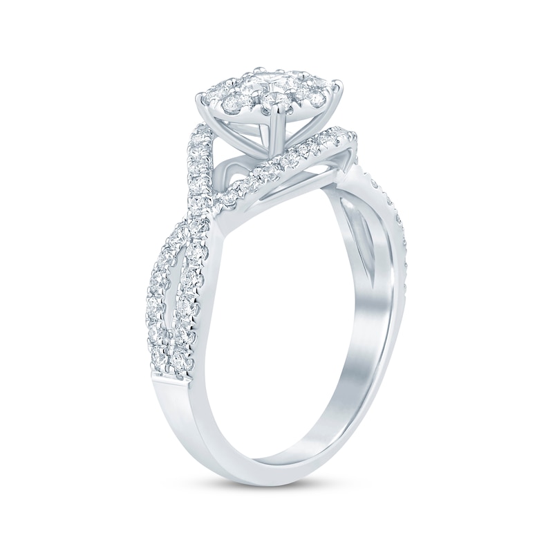 Main Image 2 of Previously Owned Diamond Twist Halo Engagement Ring 1 ct tw Round-cut 14K White Gold