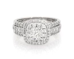 Previously Owned Princess-Cut Diamond Double Halo Bridal Set 1-1/8 ct tw 14K White Gold Size 6.5