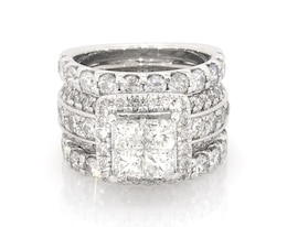 Previously Owned Princess-Cut Quad Diamond Halo Bridal Set 4-3/8 ct tw 14K White Gold Size 5