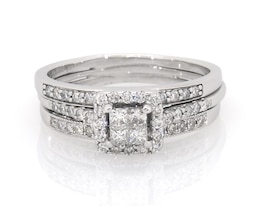 Previously Owned Princess-Cut Quad Diamond Halo Bridal Set 5/8 ct tw 10K White Gold Size 8.25