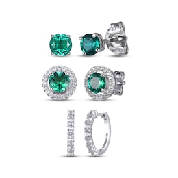 Round-Cut Lab-Created Emerald & White Lab-Created Sapphire Stud & Hoop Earrings Gift Set Sterling Silver