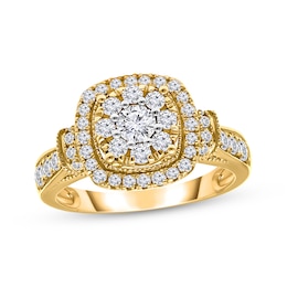 Round-Cut Diamond Cushion Frame Engagement Ring 1 ct tw 14K Yellow Gold