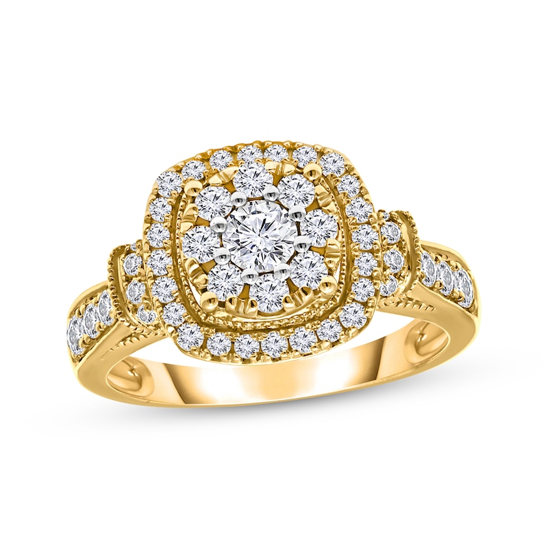 Main Image 1 of Round-Cut Diamond Cushion Frame Engagement Ring 1 ct tw 14K Yellow Gold