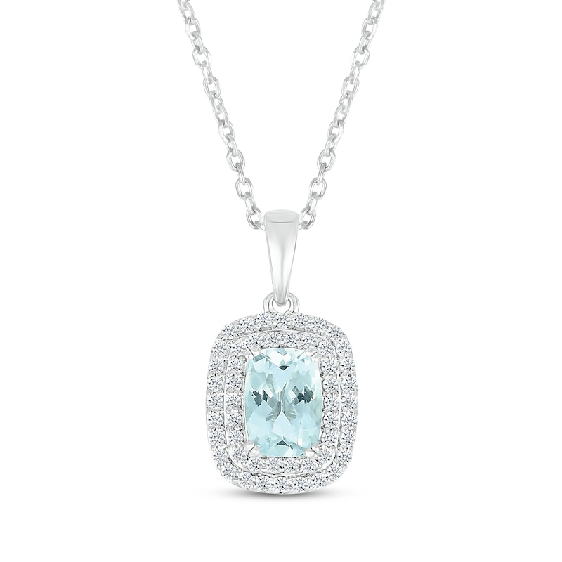 Main Image 1 of Cushion-Cut Aquamarine & White Lab-Created Sapphire Double Halo Necklace Sterling Silver 18&quot;