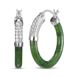 Nephrite Jade & White Lab-Created Sapphire Hoop Earrings