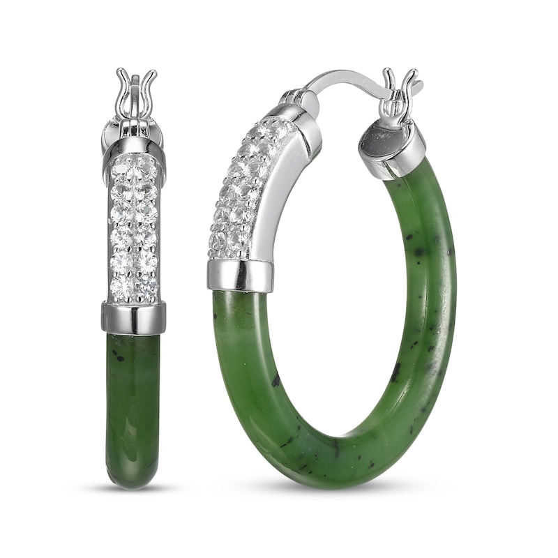 Main Image 1 of Nephrite Jade & White Lab-Created Sapphire Hoop Earrings