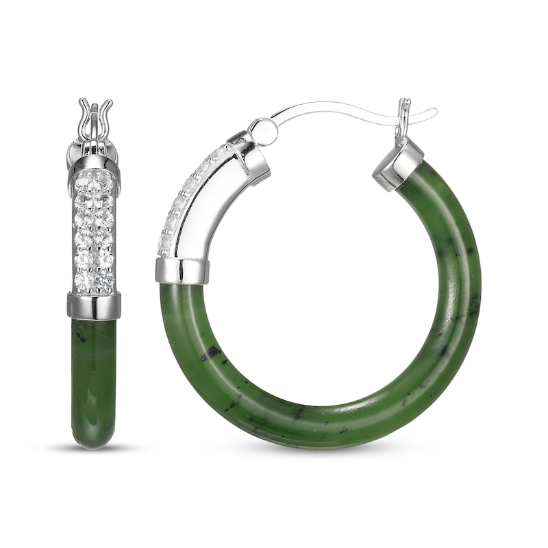 Main Image 3 of Nephrite Jade & White Lab-Created Sapphire Hoop Earrings