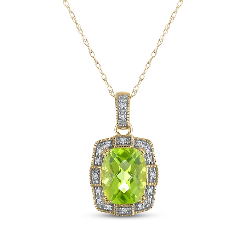 Main Image 1 of Cushion-Cut Peridot & Diamond Milgrain Frame Necklace 1/15 ct tw 10K Yellow Gold 18&quot;