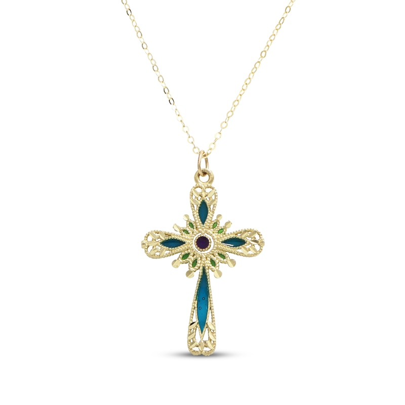 Main Image 1 of Multi-Color Enamel Cross Necklace 14K Yellow Gold 18&quot;