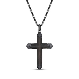 Men's Wood Cross Necklace Black Ion-Plated Stainless Steel 24&quot;