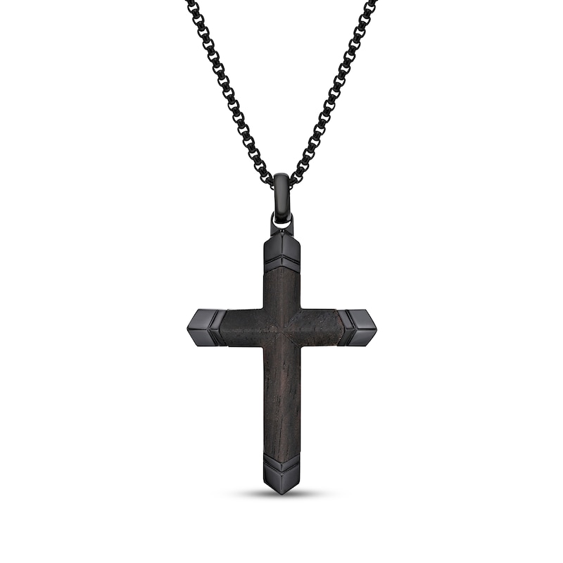 Main Image 1 of Men's Wood Cross Necklace Black Ion-Plated Stainless Steel 24&quot;