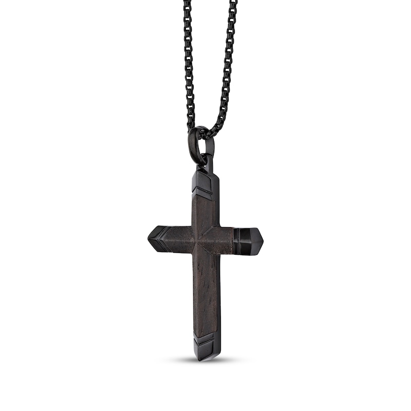 Main Image 2 of Men's Wood Cross Necklace Black Ion-Plated Stainless Steel 24&quot;