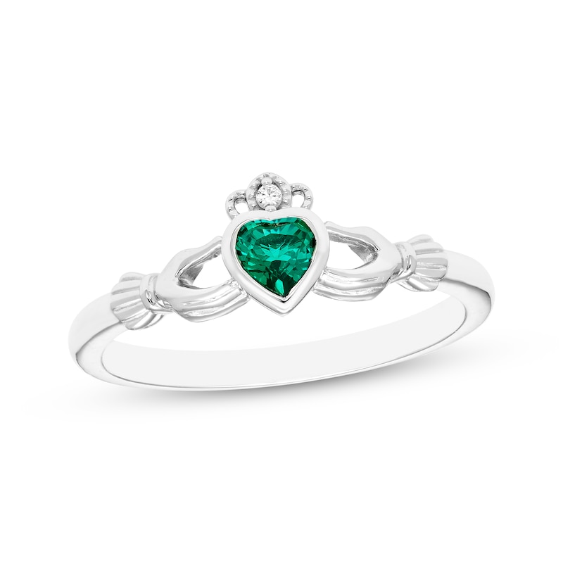 Main Image 1 of Heart-Shaped Lab-Created Emerald & White Lab-Created Sapphire Claddagh Ring Sterling Silver