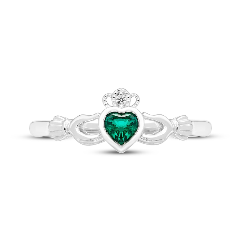 Main Image 3 of Heart-Shaped Lab-Created Emerald & White Lab-Created Sapphire Claddagh Ring Sterling Silver