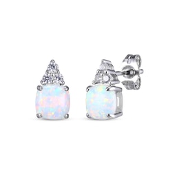 Cushion-Cut Lab-Created Opal & Round-Cut White Lab-Created Sapphire Stud Earrings Sterling Silver