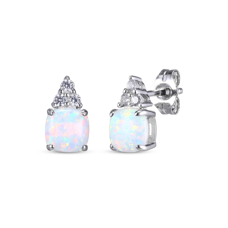 Cushion-Cut Lab-Created Opal & Round-Cut White Lab-Created Sapphire Stud Earrings Sterling Silver