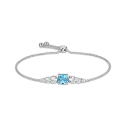 Cushion-Cut Swiss Blue Topaz & White Lab-Created Sapphire Bolo Bracelet Sterling Silver