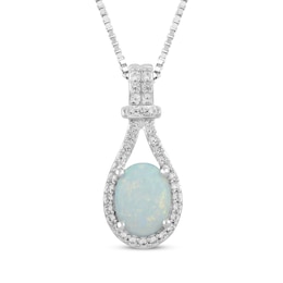 Oval-Cut Lab-Created Opal & White Lab-Created Sapphire Necklace Sterling Silver 18&quot;